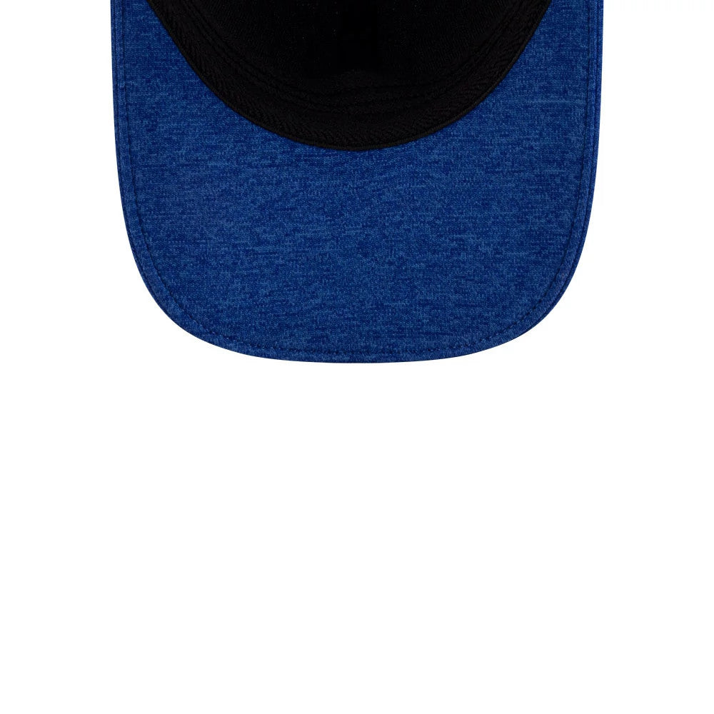 New York Mets MLB Clubhouse Blue New Era 39THIRTY Infinity Stretch Fit Cap, inside view showing the black sweatband and blue heathered undervisor, highlighting the finish and stitching detail of the cap.