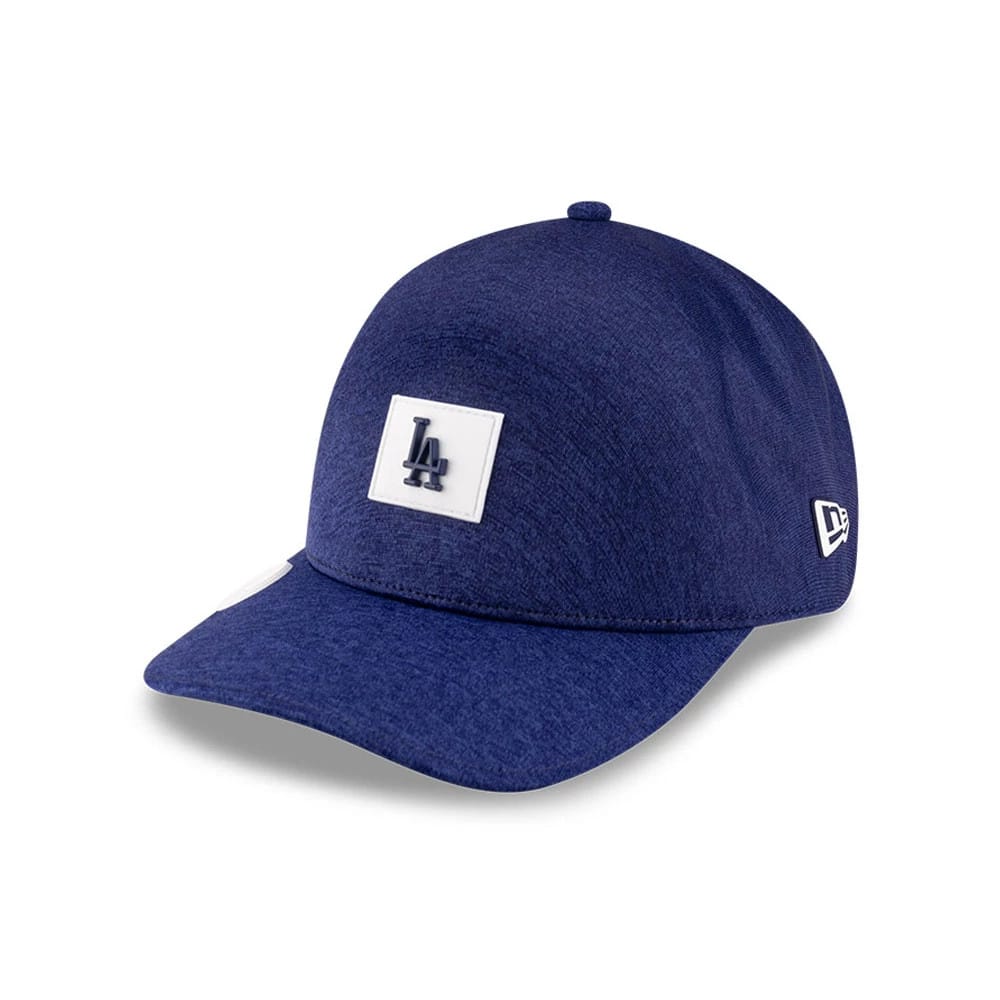 LA Dodgers MLB Clubhouse Dark Blue New Era 39THIRTY Infinity Stretch Fit Cap, three-quarter view showing a white LA Dodgers logo patch on the front panel, with a dark blue visor and white New Era flag logo on the left side.