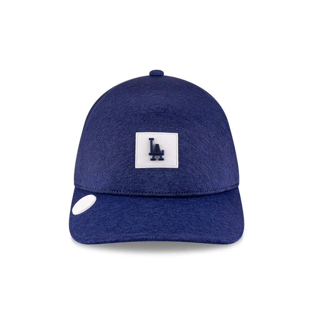 LA Dodgers MLB Clubhouse Dark Blue New Era 39THIRTY Infinity Stretch Fit Cap, front view showing the raised LA logo on a white patch on the structured dark blue crown, with a curved visor featuring a 39THIRTY size sticker.