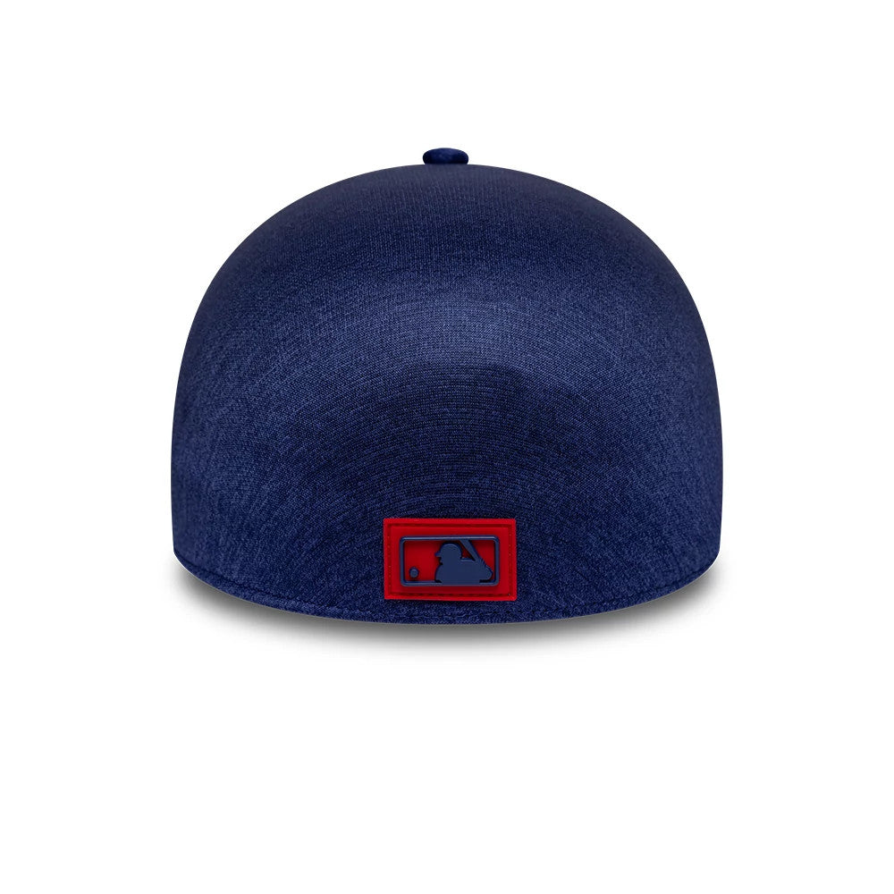 Texas Rangers MLB Clubhouse Dark Blue New Era 39THIRTY Infinity Stretch Fit Cap, rear view showing the MLB Batterman logo in a red and dark blue colour scheme, set centrally on the dark blue structured crown.