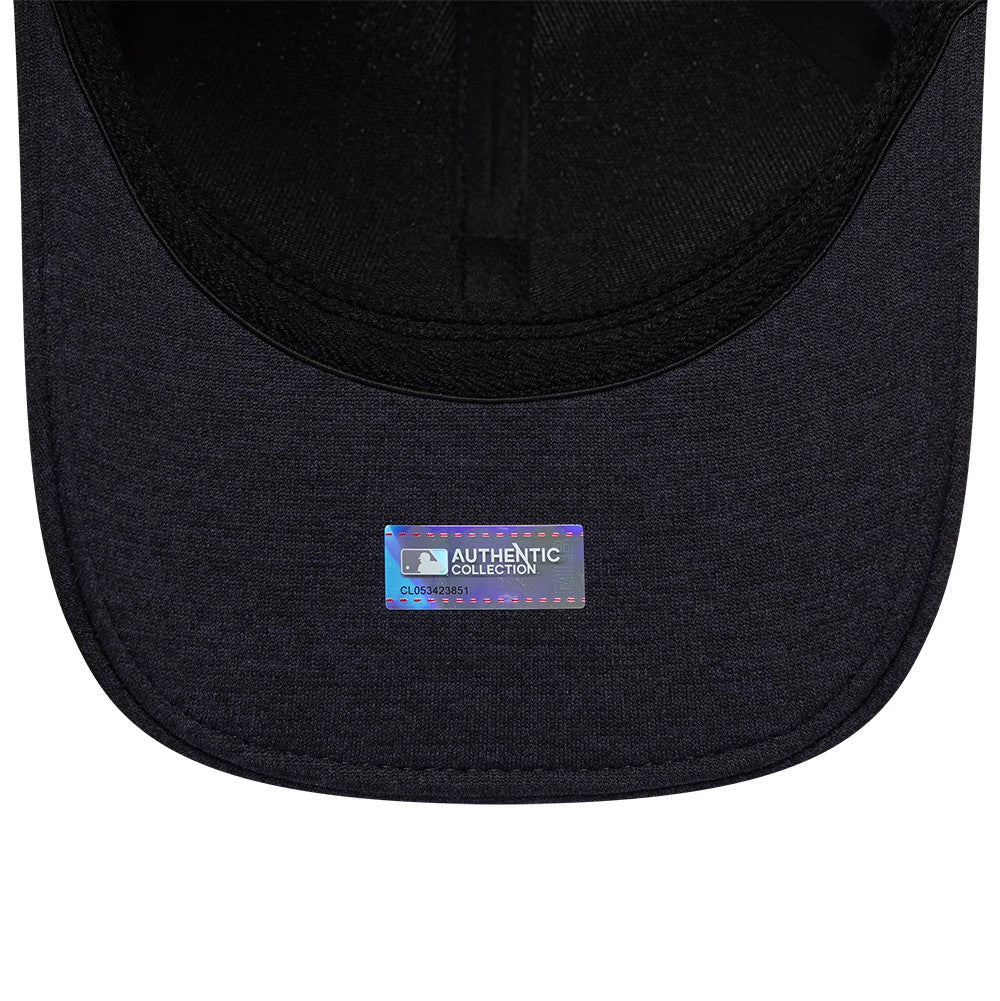 Seattle Mariners MLB Clubhouse Navy New Era 39THIRTY Infinity Stretch Fit Cap, inside view showing the black sweatband, dark taping along the seams, and a silver Authentic Collection sticker on the curved undervisor.