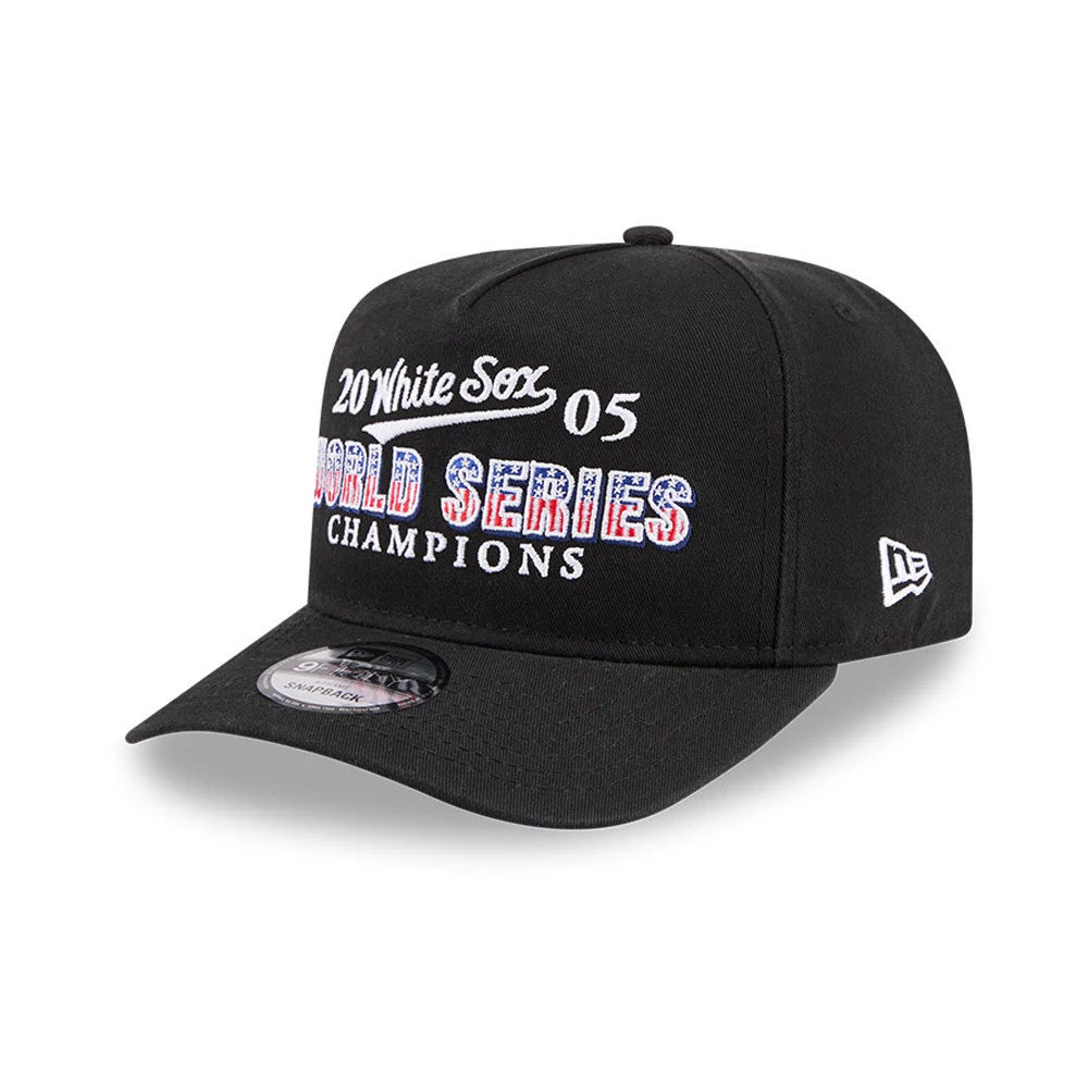 Chicago White Sox MLB Historic Black New Era 9FIFTY A-Frame Snapback Cap, three-quarter view with World Series Champions lettering in red, white, and blue embroidery on the front panel, black flat visor, and New Era flag logo on the left side.