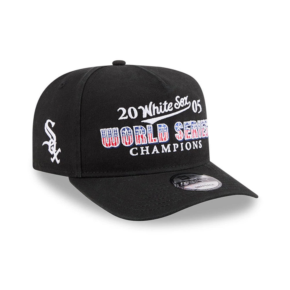 Chicago White Sox MLB Historic Black New Era 9FIFTY A-Frame Snapback Cap, three-quarter view showing the embroidered 20 White Sox 05 World Series Champions in white and red on the front panel, with a pre-curved black visor and 9FIFTY size sticker.