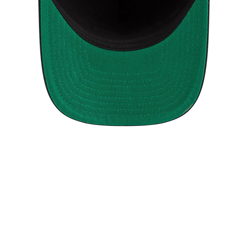 Chicago White Sox MLB Historic Black New Era 9FIFTY A-Frame Snapback Cap, inside view showing the black sweatband and green undervisor, highlighting the detailed stitching pattern across the cap's interior.