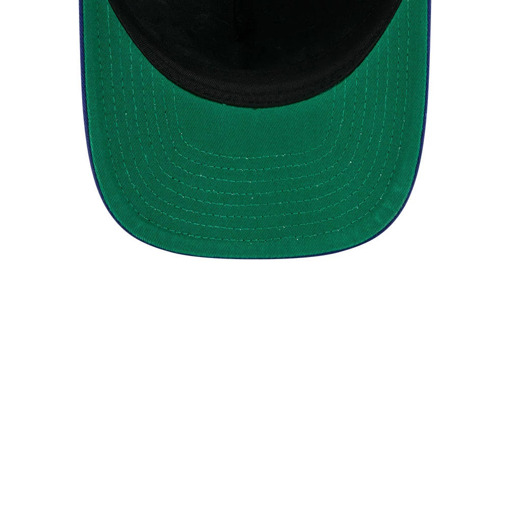 LA Dodgers MLB Historic Navy New Era 9FIFTY A-Frame Snapback Adjustable Cap, inside view showing the black sweatband, green undervisor, and detailed stitching along the cap's edges.