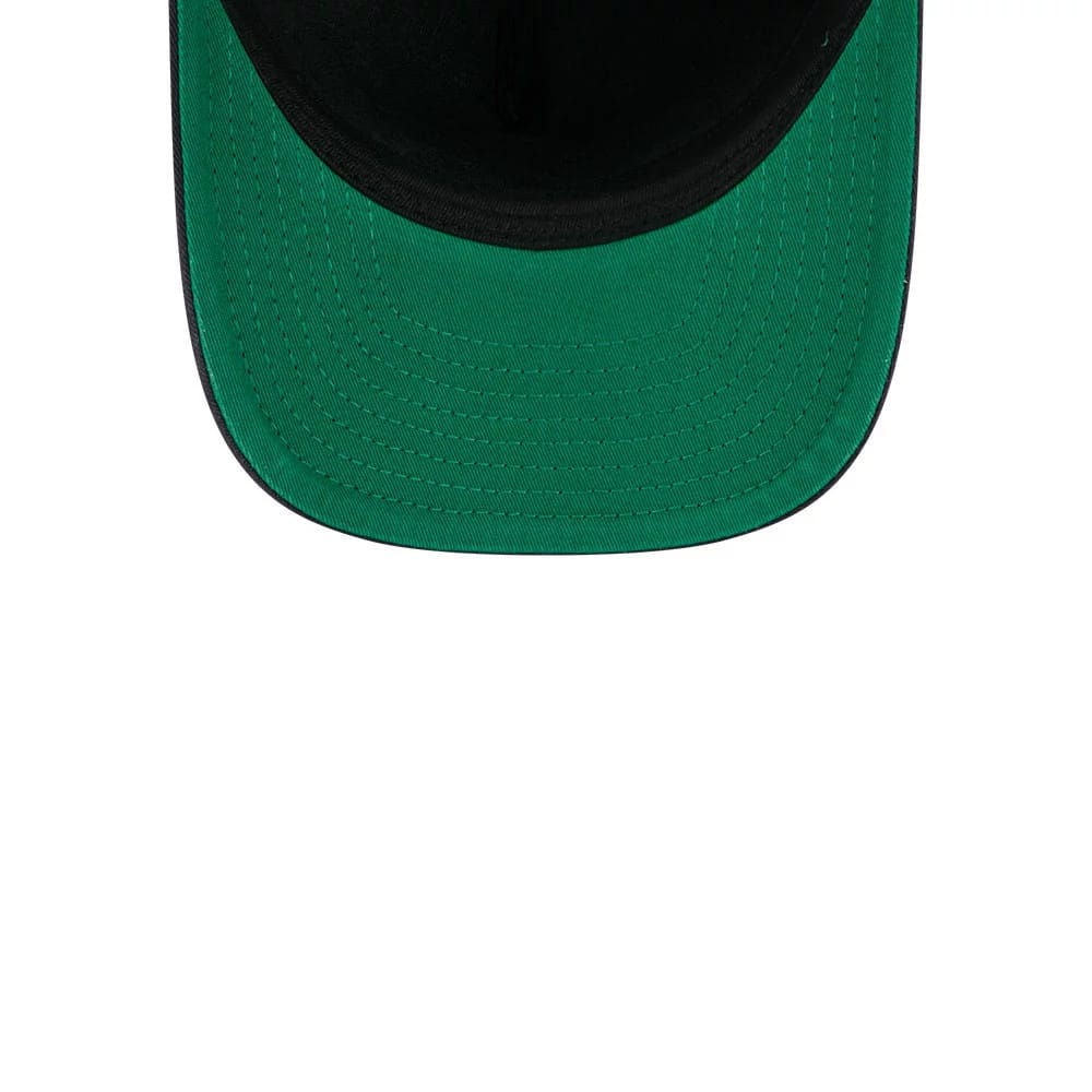 New York Yankees MLB Historic Navy New Era 9FIFTY A-Frame Snapback Adjustable Cap, inside view featuring a green undervisor and black taping along the seams, with a black sweatband lining the interior edge.
