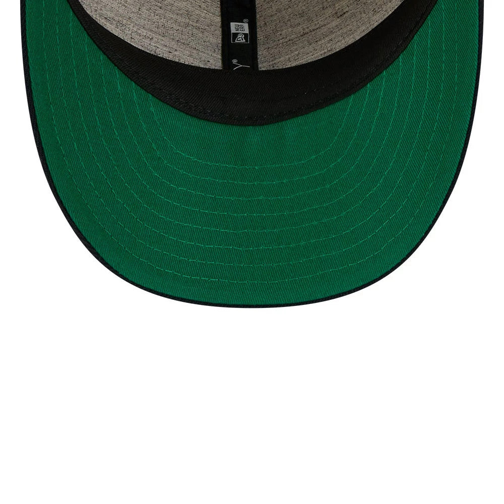 Detroit Tigers MLB Linen Cream Retro Crown New Era 59FIFTY Fitted Cap, inside view showing the green undervisor, black sweatband, grey crown lining and New Era logo taping along the interior seams.