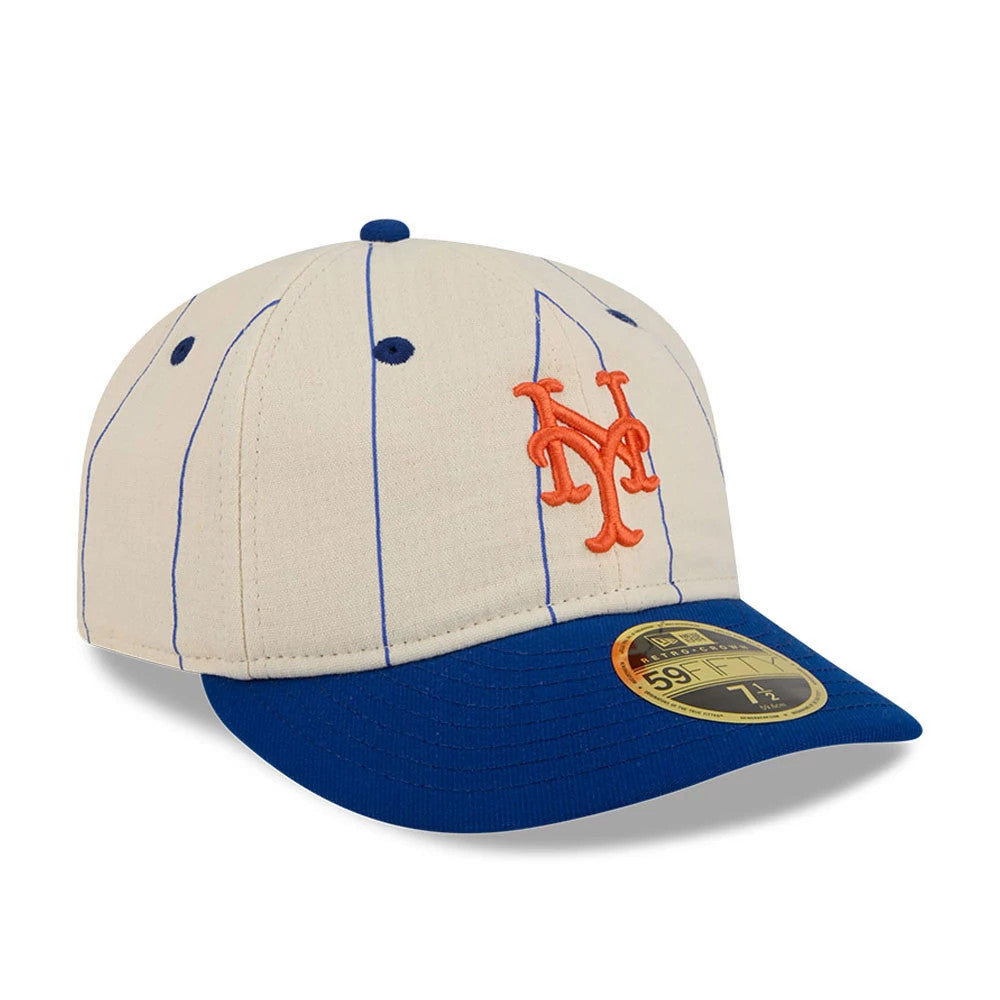 New York Mets MLB Linen Cream Retro Crown New Era 59FIFTY Fitted Cap, three-quarter view showing the orange embroidered Mets logo on the front panel, blue visor with a gold 59FIFTY size sticker, and vertical blue pinstripes on the cream crown.