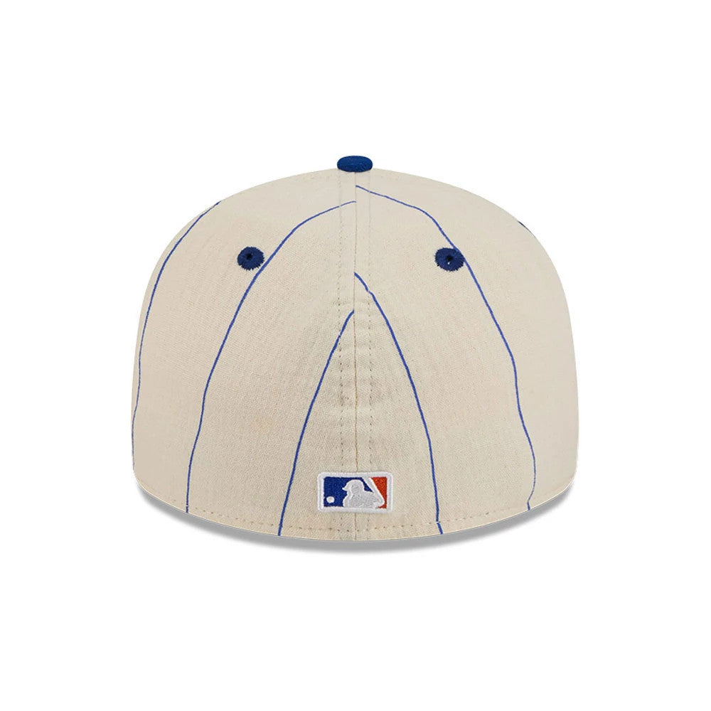New York Mets MLB Linen Cream Retro Crown New Era 59FIFTY Fitted Cap, rear view showing the embroidered MLB Batterman logo centred on the back, with blue pinstripes and matching eyelets on the cream crown.