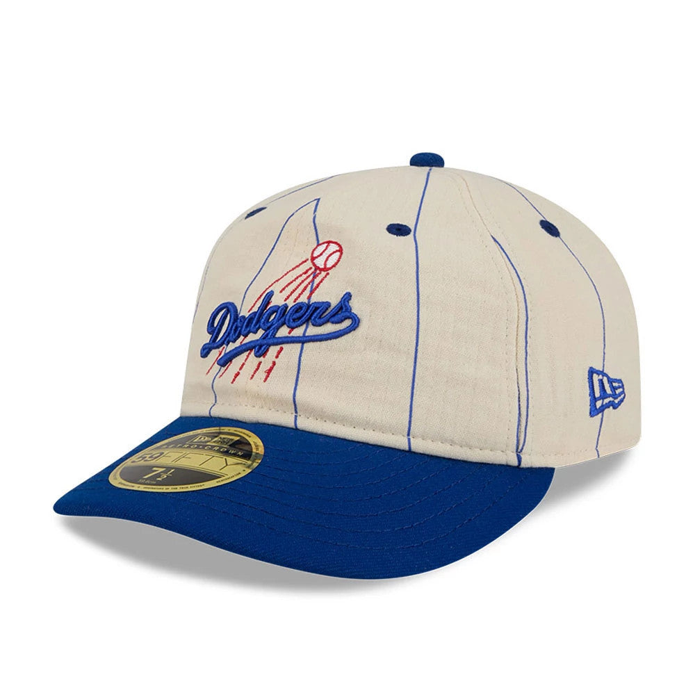 LA Dodgers MLB Linen Black Retro Crown New Era 59FIFTY Fitted Cap, three-quarter view showing the blue embroidered Dodgers script and baseball graphic on the front panel, blue visor, and gold 59FIFTY size sticker.