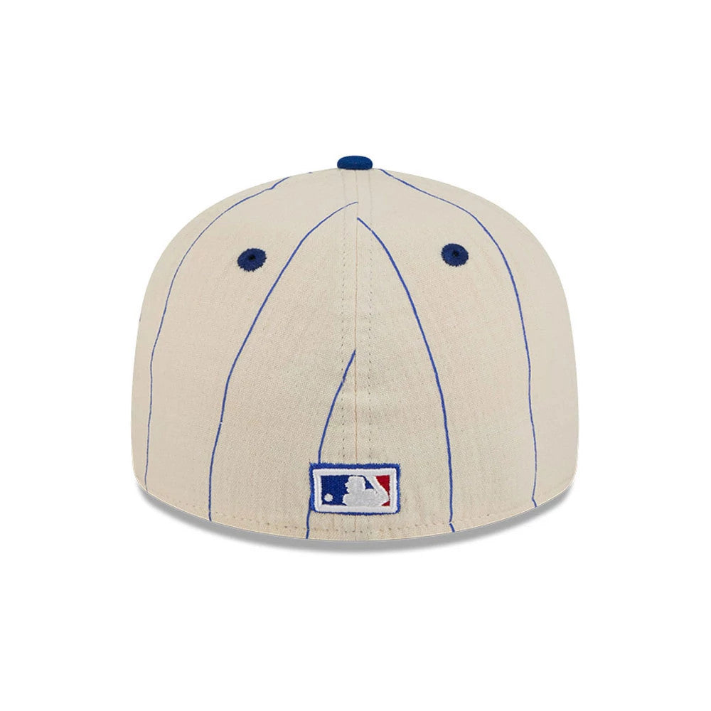 LA Dodgers MLB Linen Black Retro Crown New Era 59FIFTY Fitted Cap, rear view showing the embroidered MLB Batterman logo centred on the back panel, with blue pinstripe and blue eyelets on the structured crown.