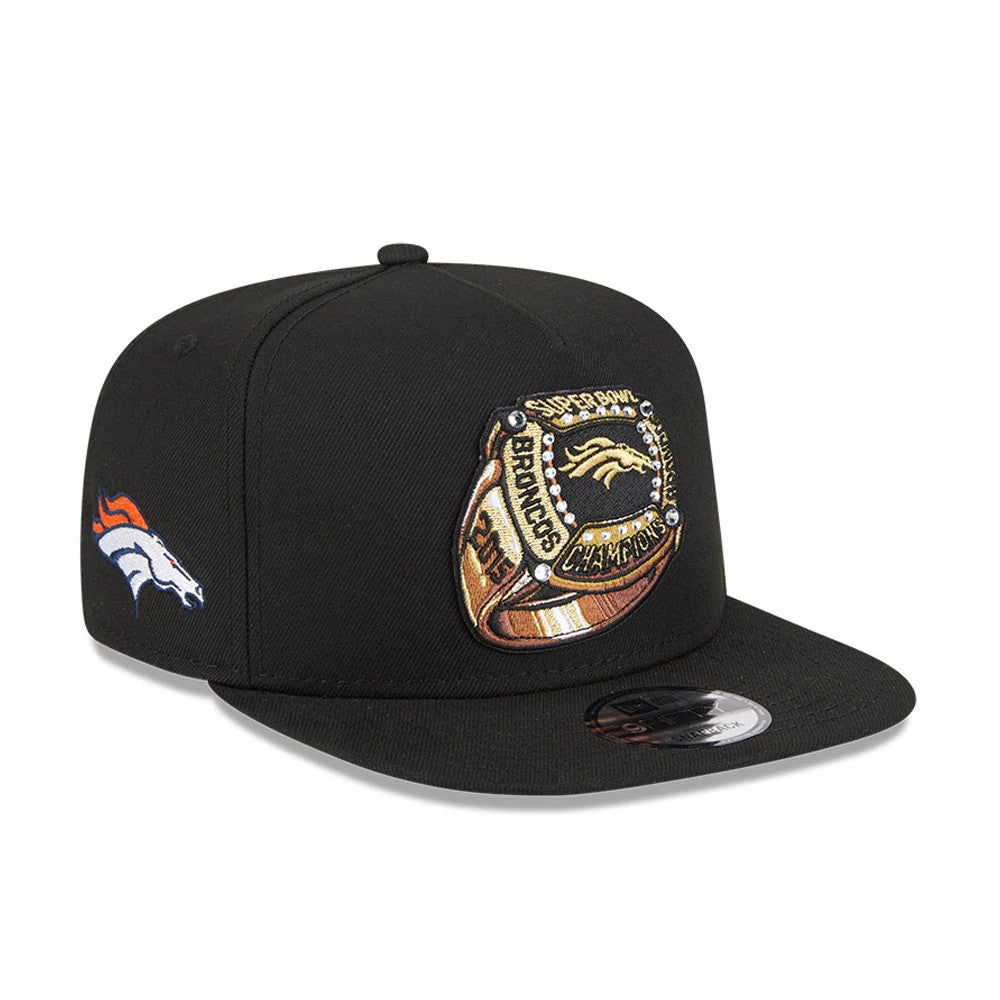 Denver Broncos NFL Ring Black New Era 9FIFTY A-Frame Snapback Adjustable Cap, three-quarter view showing a large gold embroidered Super Bowl ring design on the front panel, with the logo on a curved visor and the Broncos logo on the left side.