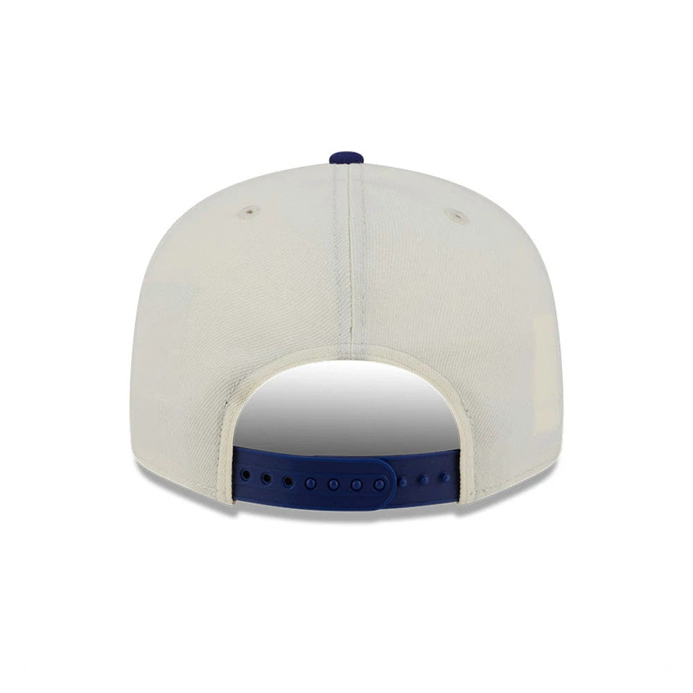 LA Dodgers MLB Localized White New Era 9FIFTY Snapback Adjustable Cap, rear view showing the plain back with a structured white crown and a contrasting blue adjustable snap closure for a customised fit.