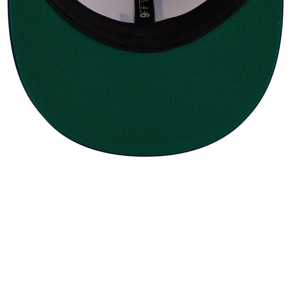 LA Dodgers MLB Localized White New Era 9FIFTY Snapback Adjustable Cap, inside view showing a green undervisor, a black sweatband, and black taping with 9FIFTY branding in white text.