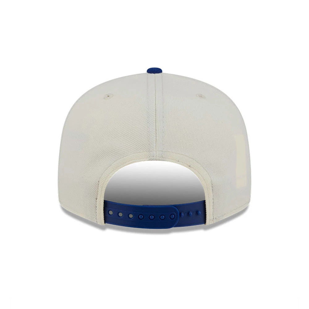 Chicago Cubs MLB Localized White New Era 9FIFTY Snapback Adjustable Cap, rear view with a structured white crown, blue adjustable snap closure, and blue top button, showing plain back panels with matching eyelets.