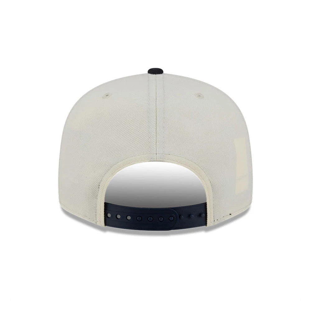 Boston Red Sox MLB Localized White New Era 9FIFTY Snapback Adjustable Cap, rear view showing the navy blue adjustable snap closure on the white crown, with light grey embroidered eyelets and a black top button.