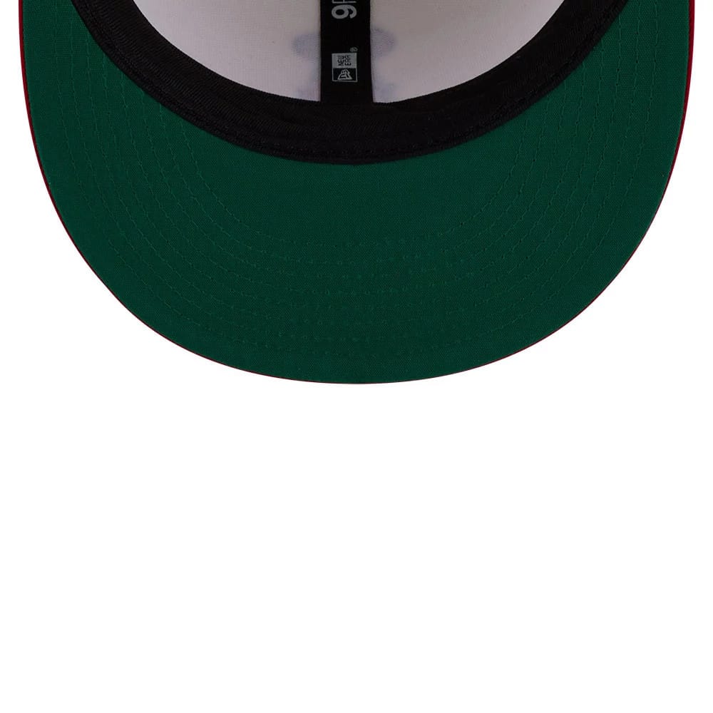 LA Angels MLB Localized White New Era 9FIFTY Snapback Adjustable Cap, inside view showing the green undervisor, black taping with white 9FIFTY branding, and a black sweatband around the interior.