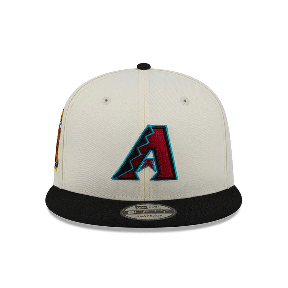 Arizona Diamondbacks MLB Localized White New Era 9FIFTY Snapback Adjustable Cap, front view showing a raised embroidered red and turquoise A logo on the white crown, with a contrasting black flat visor and 9FIFTY size sticker.