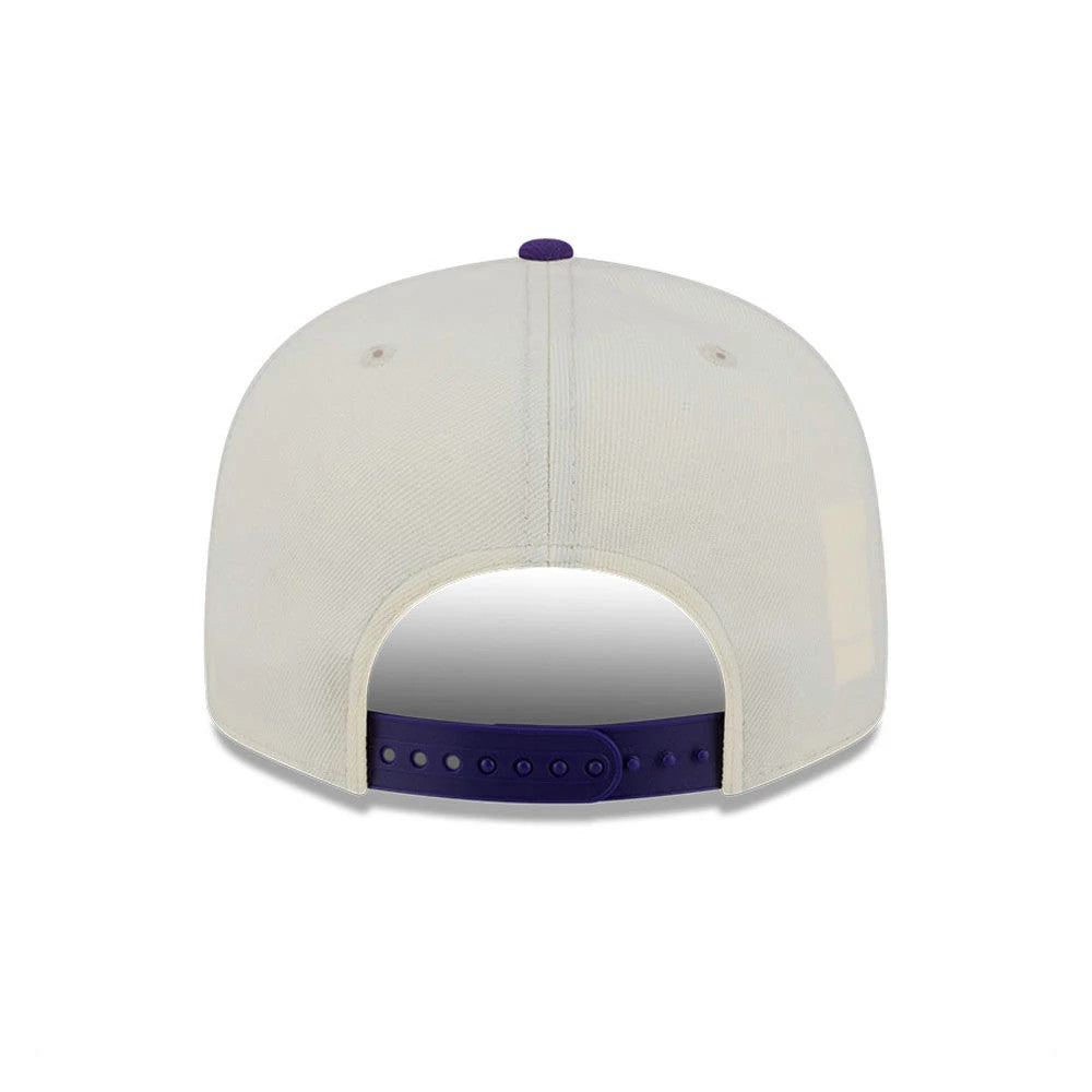 LA Lakers NBA Localized White New Era 9FIFTY Snapback Adjustable Cap, rear view showing a purple adjustable snap closure and eyelets on the structured white crown with a matching top button.