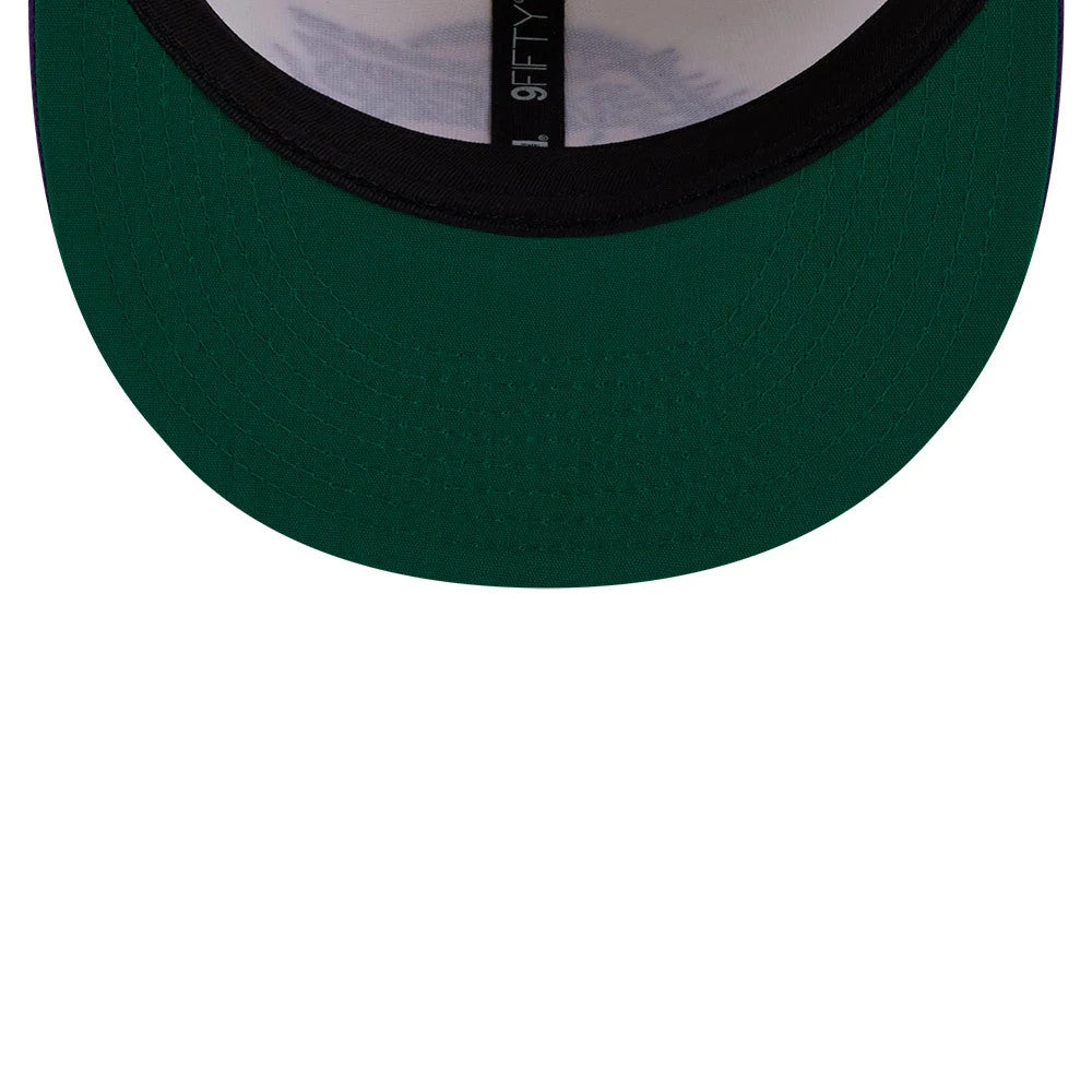 LA Lakers NBA Localized White New Era 9FIFTY Snapback Adjustable Cap, inside view showing the white sweatband and black taping with 9FIFTY branding, complemented by a green undervisor.