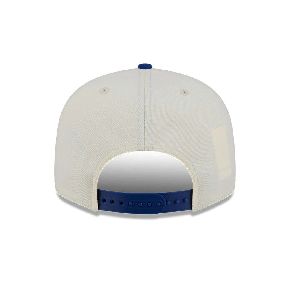 Texas Rangers MLB Localized White New Era 9FIFTY Snapback Adjustable Cap, rear view showing a structured white crown with a blue top button, featuring a blue adjustable snapback closure.
