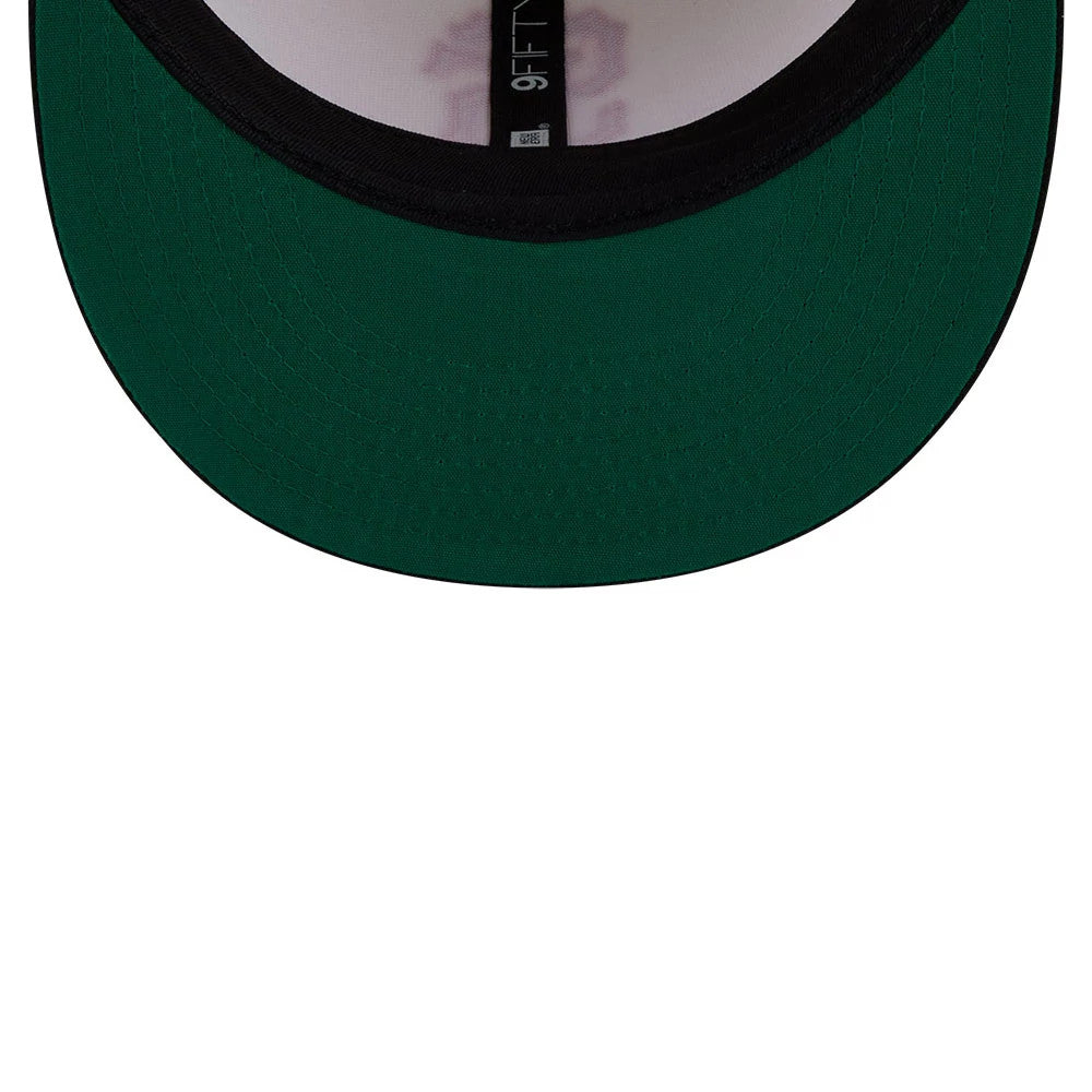 San Francisco Giants MLB Localized White New Era 9FIFTY Snapback Adjustable Cap, inside view showing the green undervisor, black taped seams, and a 9FIFTY label alongside the black sweatband.