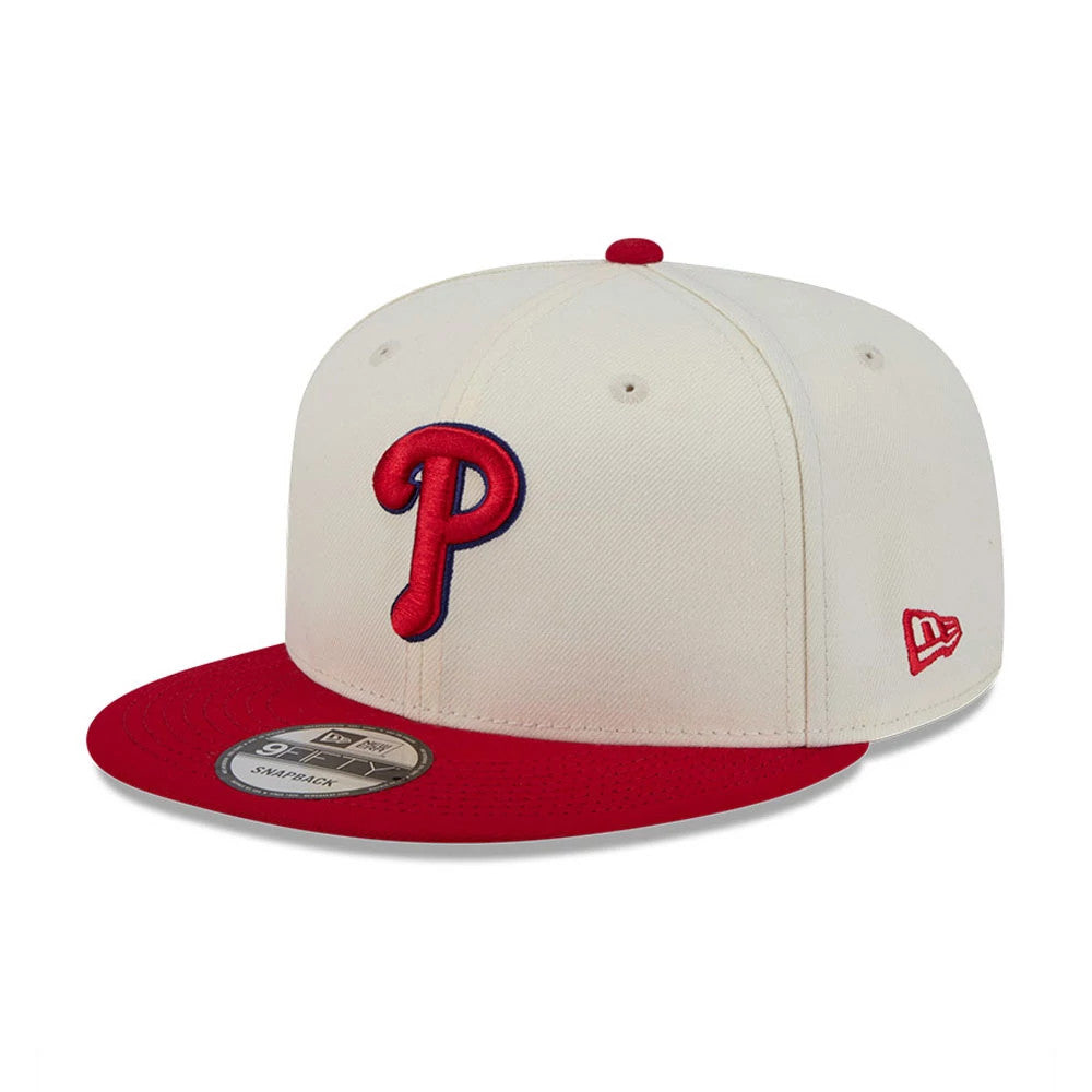 Philadelphia Phillies MLB Localized White New Era 9FIFTY Snapback Adjustable Cap, front view showing the red embroidered Phillies P logo on the front panel with a red visor, and the red New Era flag logo on the left side.