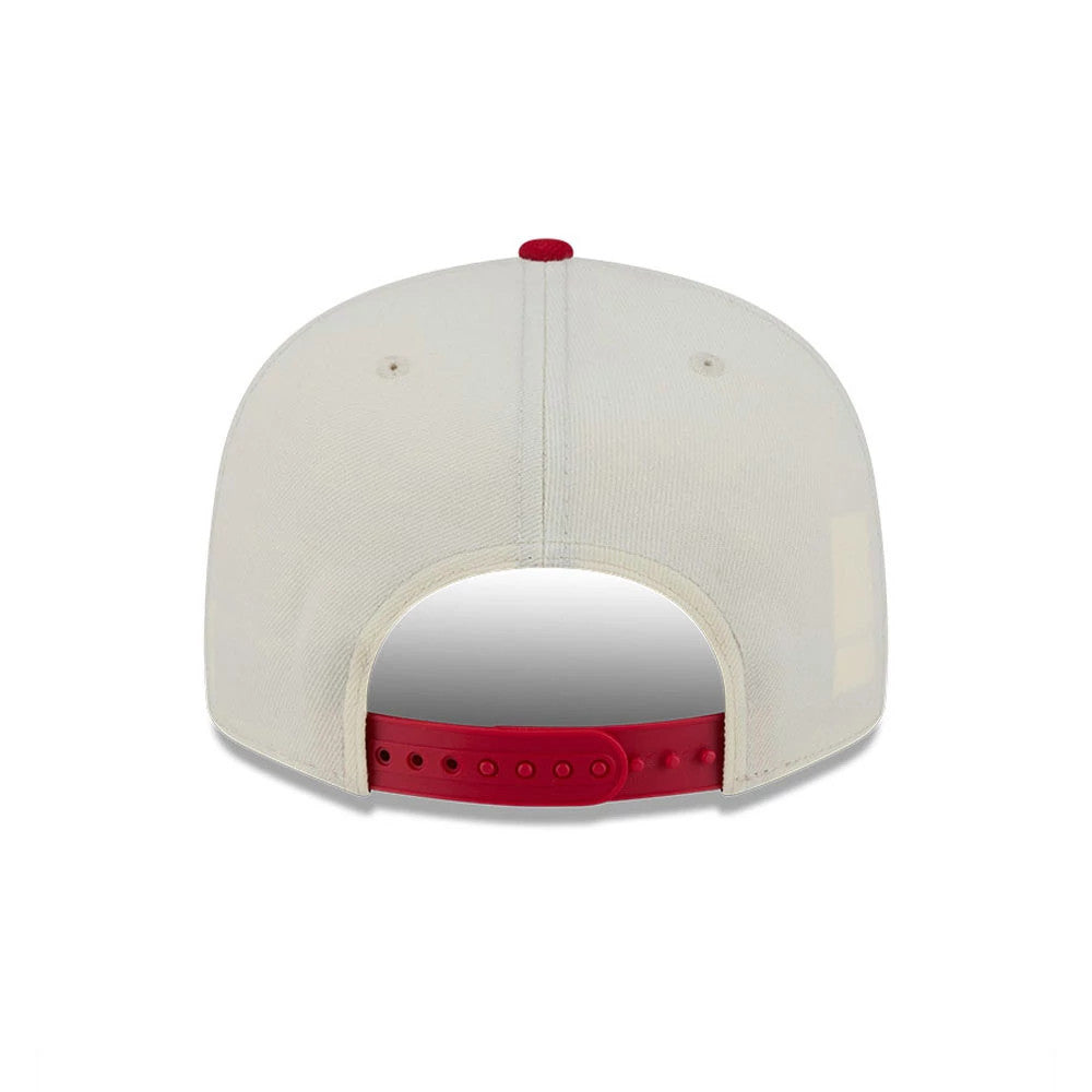 Philadelphia Phillies MLB Localized White New Era 9FIFTY Snapback Adjustable Cap, rear view showing the cap's red adjustable snapback closure and a matching top button, with a white structured crown featuring white eyelets.