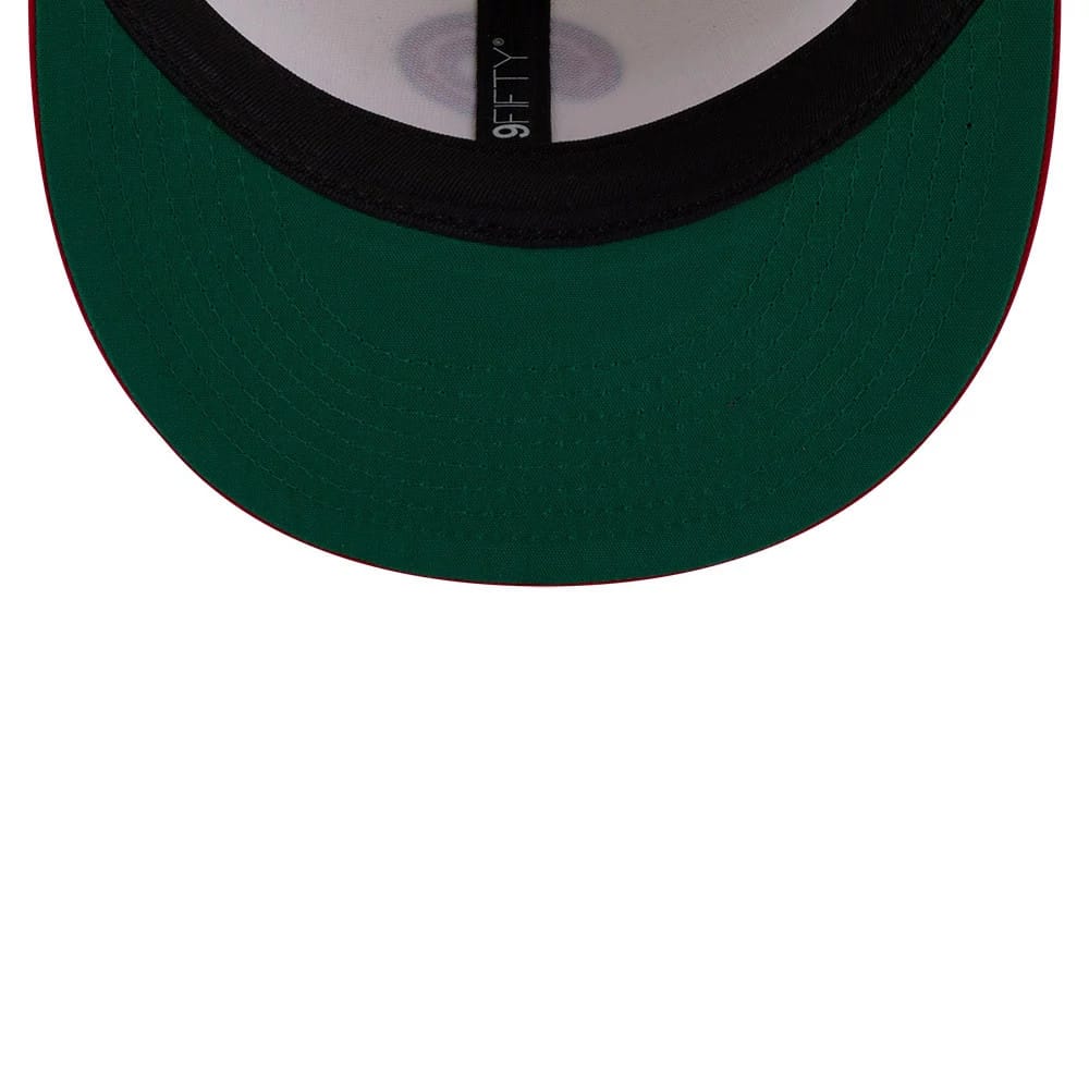 Philadelphia Phillies MLB Localized White New Era 9FIFTY Snapback Adjustable Cap, inside view showing the green undervisor, black taping with 9FIFTY lettering, and a red outer edge.