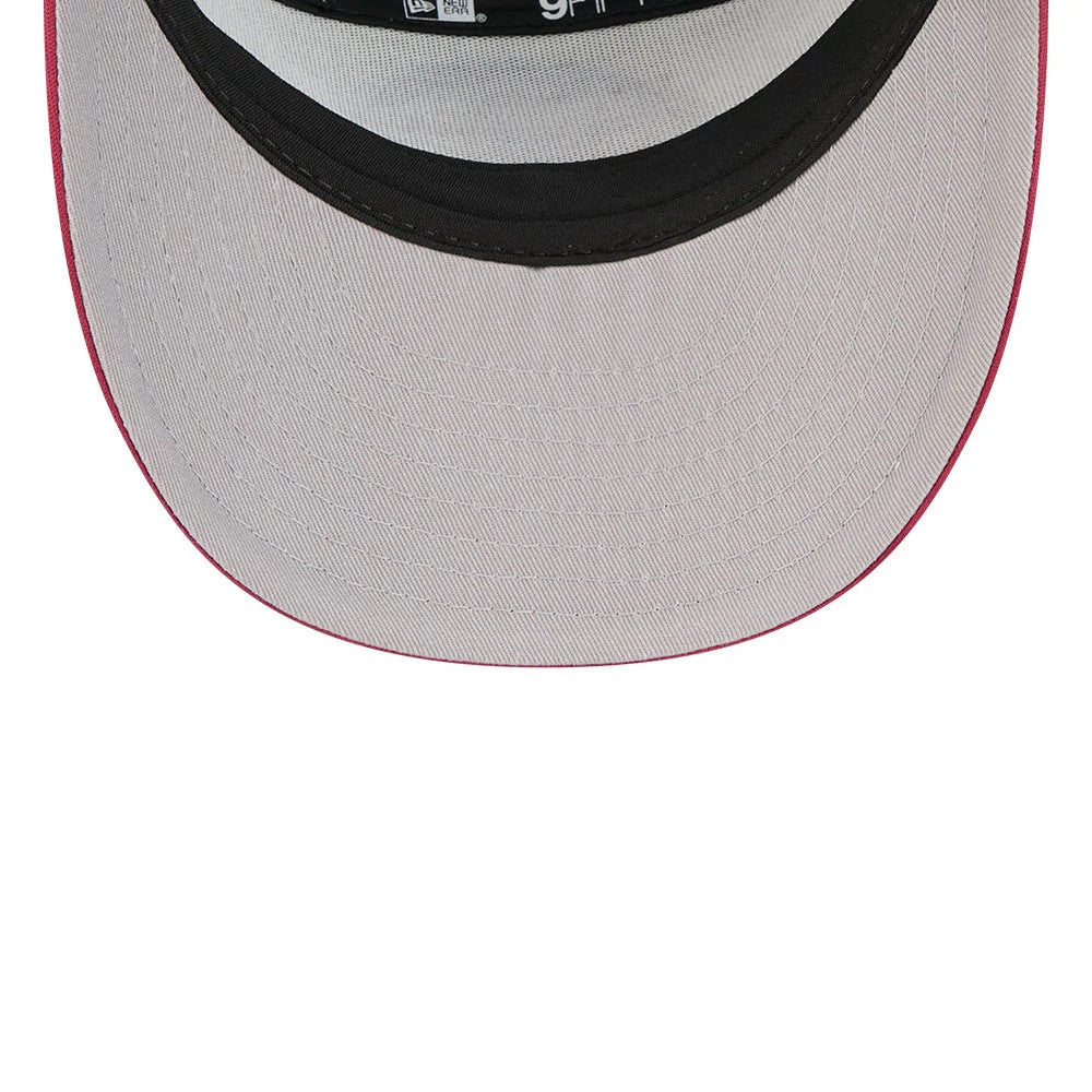 Philadelphia Phillies MLB Blocked Dark Red New Era 9FIFTY Split Panel Snapback Cap, inside view featuring a grey undervisor, black sweatband with brand taping, and a red edge of the visor.