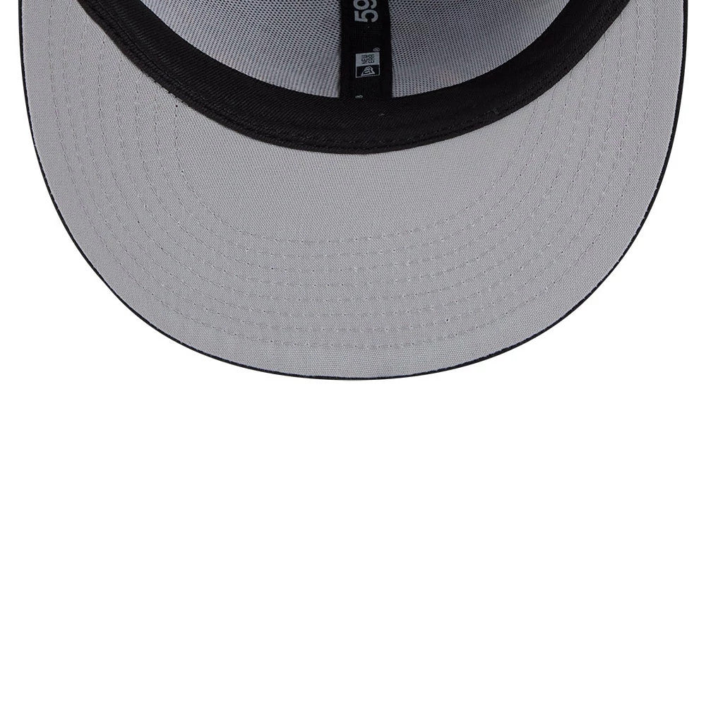 Chicago White Sox MLB Leaves Black New Era 59FIFTY Fitted Cap, inside view highlighting the grey undervisor, black sweatband, and the 59FIFTY label on centre taping, creating a classic contrast with the cap structure.