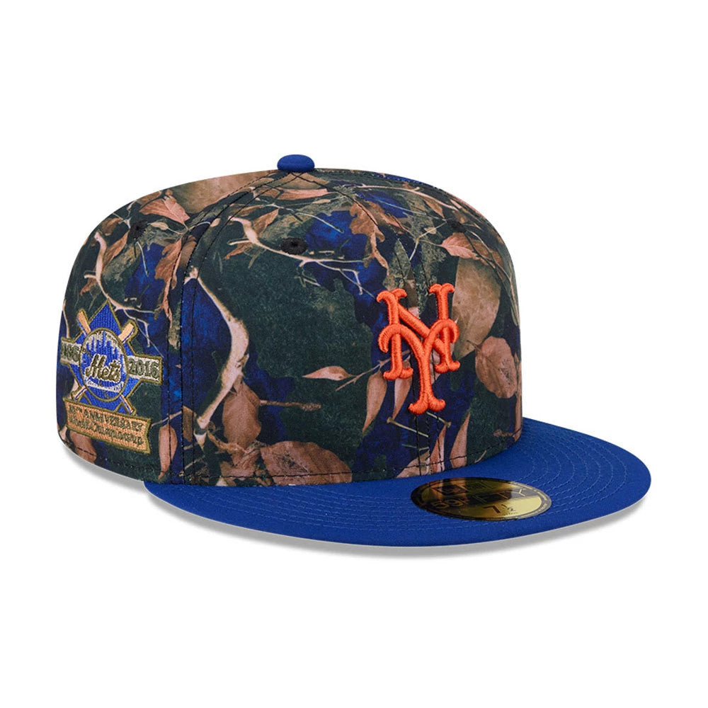 New York Mets MLB Leaves Blue New Era 59FIFTY Fitted Cap, three-quarter view showing the orange Mets logo embroidered on the front panel, with a blue flat visor and a gold 59FIFTY size sticker on the visor.