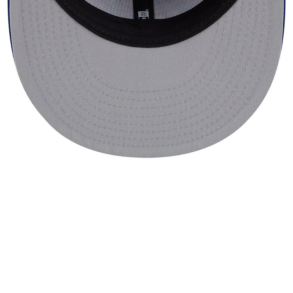 New York Mets MLB Leaves Blue New Era 59FIFTY Fitted Cap, inside view showing the grey undervisor, black sweatband, and New Era branded taping running along the seam of the structured crown.