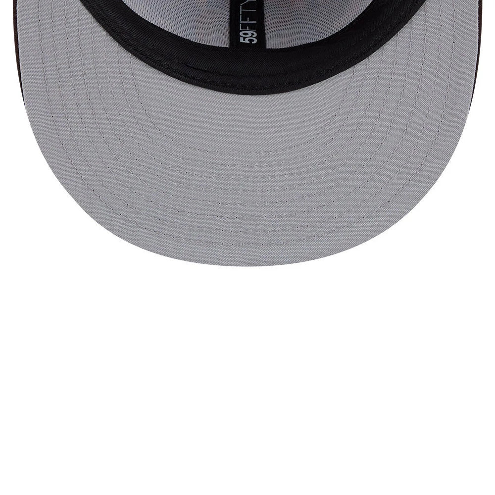 San Diego Padres MLB Leaves Dark Brown New Era 59FIFTY Fitted Cap, inside view showing a grey undervisor, black sweatband, and black-on-white 59FIFTY taping running along the centre seams.