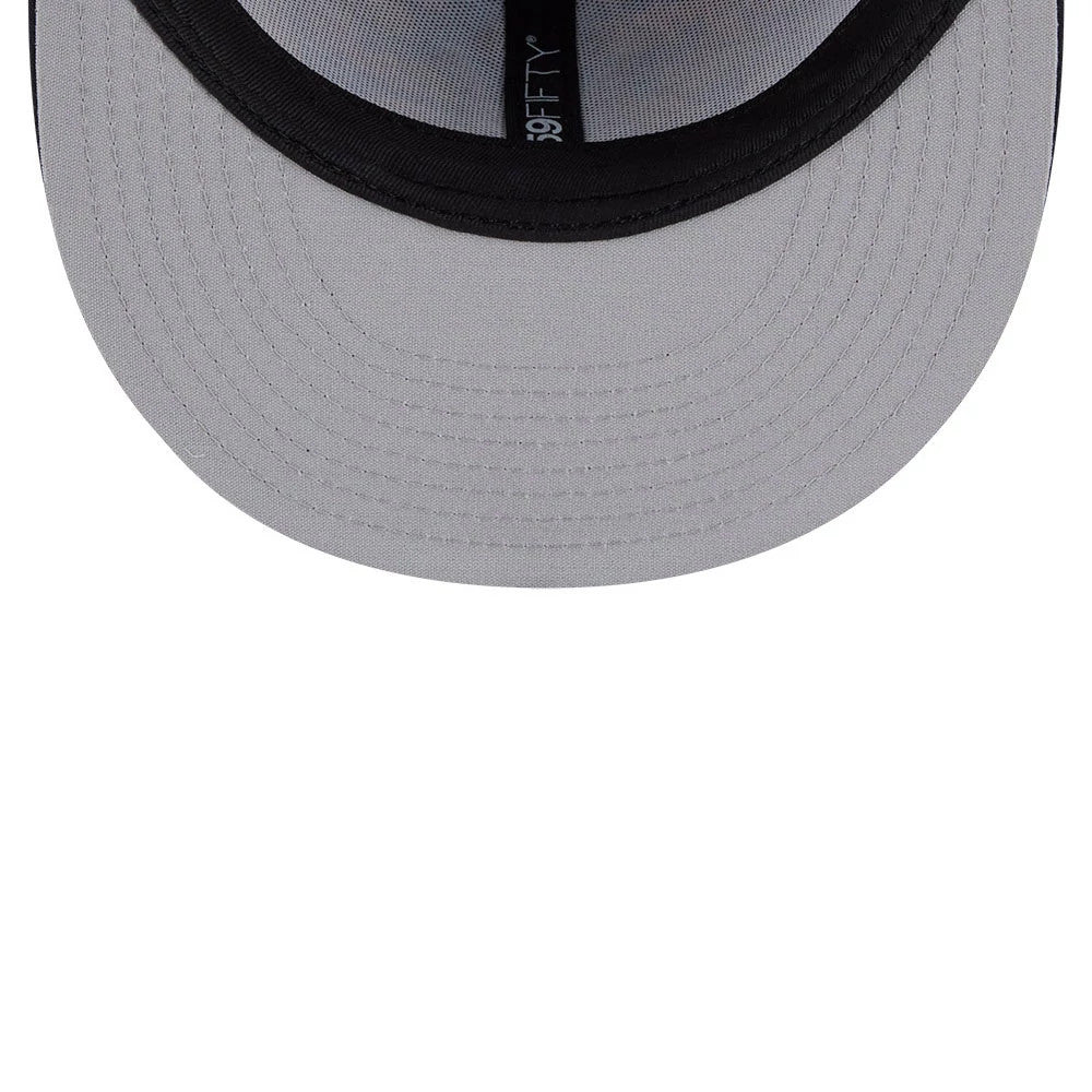 New York Yankees MLB Leaves Navy New Era 59FIFTY Fitted Cap, inside view showing the black sweatband and grey undervisor with black taping featuring the 59FIFTY logo running along the centre.