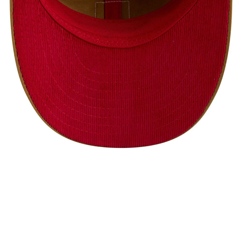LA Angels MLB Brushed Dark Beige Retro Crown New Era 9FIFTY Adjustable Cap, inside view showing the light brown undervisor, red taping along the seam, and a matching red sweatband against the structured inner crown.