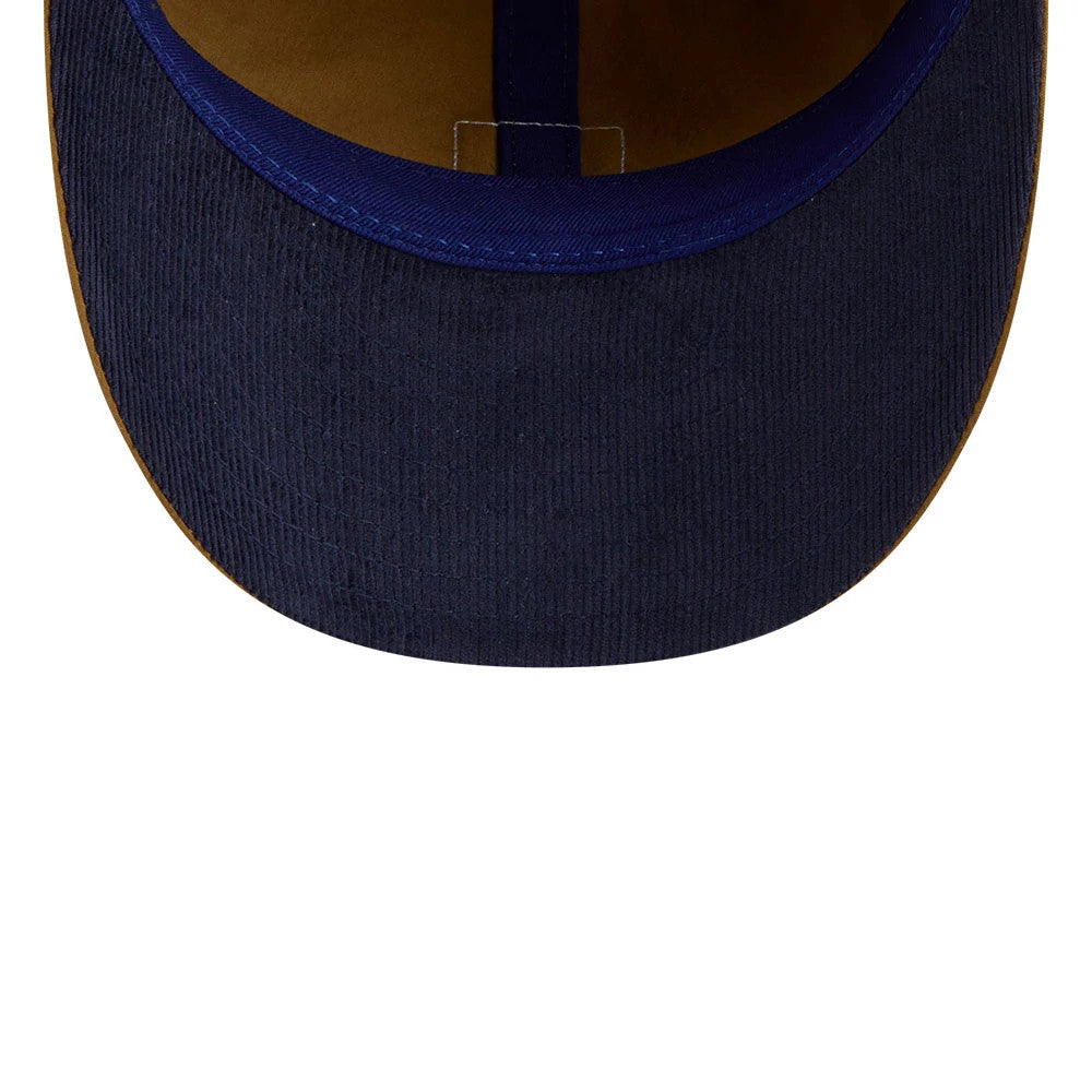 LA Dodgers MLB Brushed Dark Beige Retro Crown New Era 9FIFTY Adjustable Cap, inside view showing the dark blue undervisor, brown taping and sweatband, with detailed stitching underneath the visor.