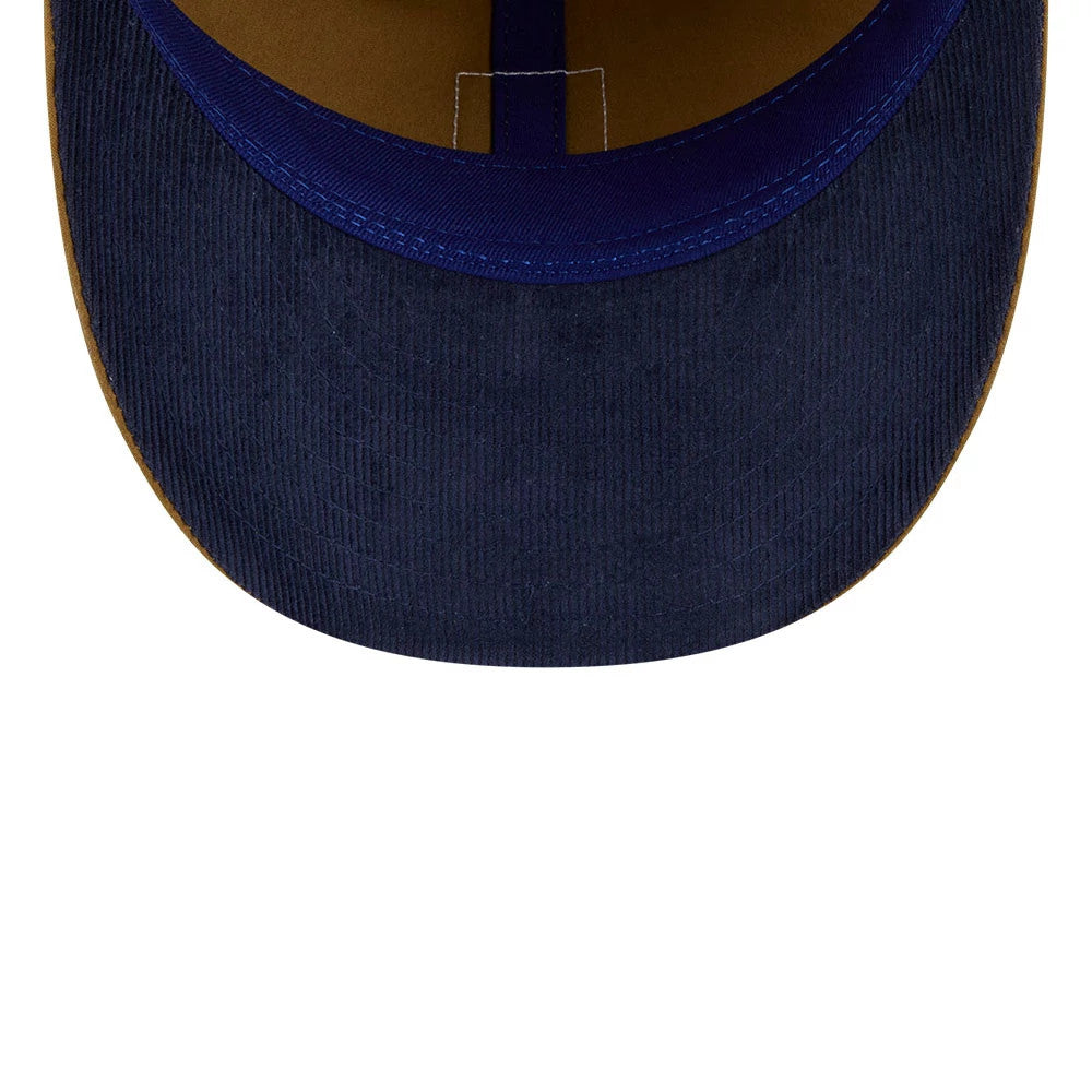 Brooklyn Dodgers MLB Brushed Dark Beige Retro Crown New Era 9FIFTY Adjustable Cap, inside view showing the navy undervisor, tan inner sweatband, and matching taping, with a focus on the structured crown.