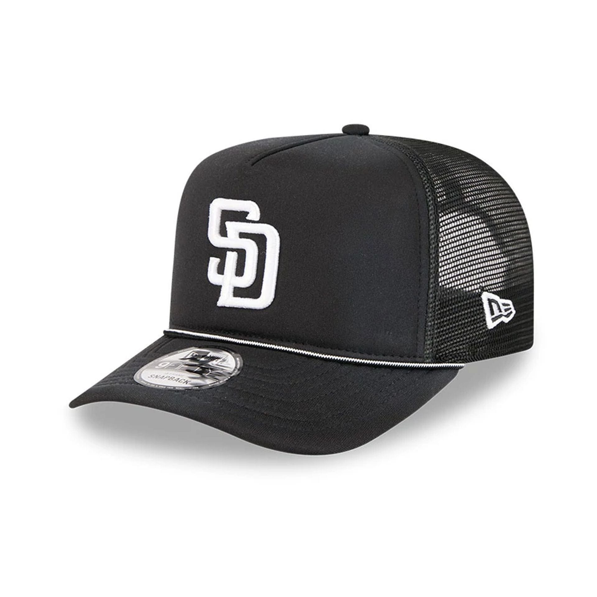 Pictured is this MLB Washed San Diego Padres 9FIFTY A-Frame Trucker cap in black. 1