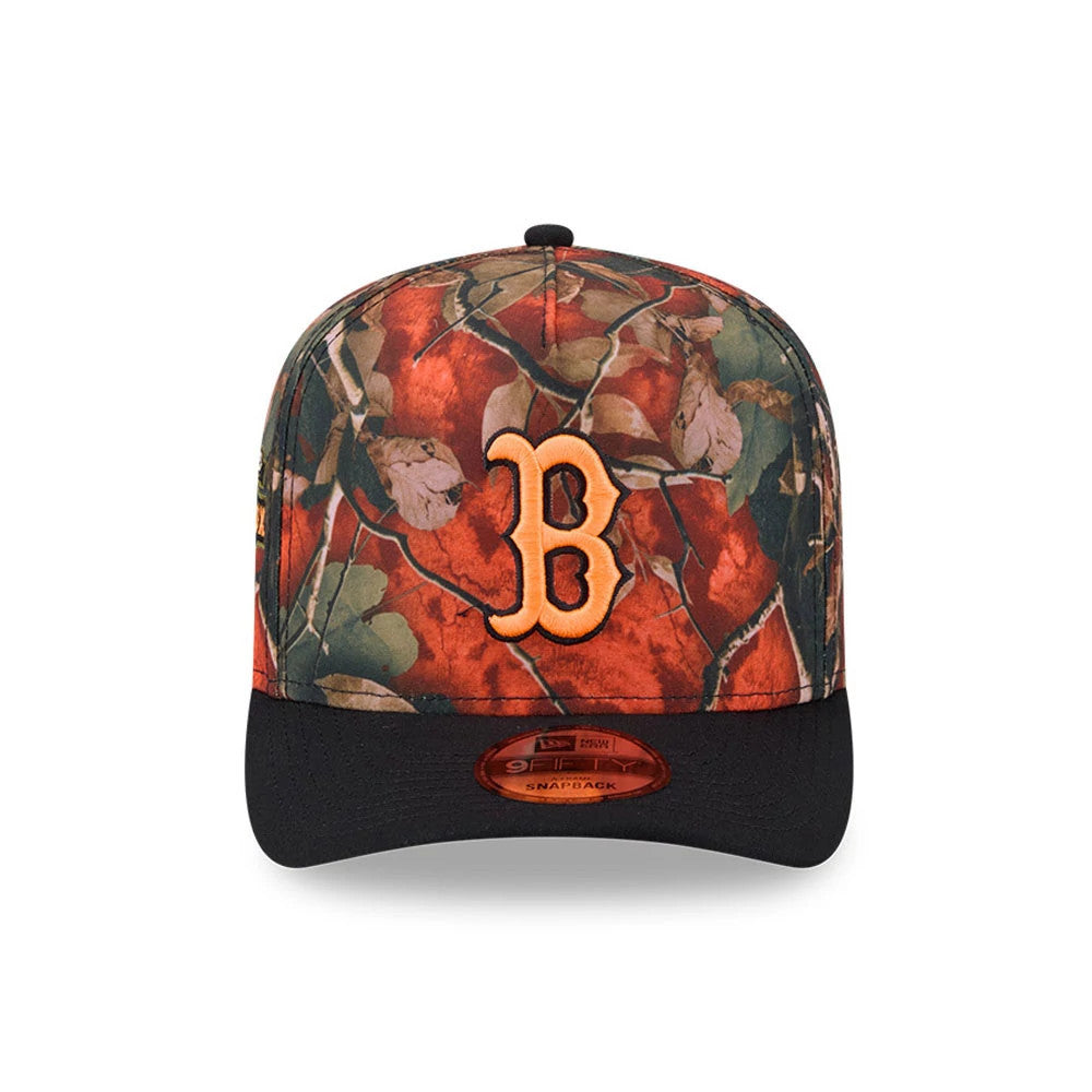 Boston Red Sox MLB Leaves Bright Orange New Era 9FIFTY A-Frame Snapback Cap, front view showing the raised orange embroidered B logo on a leaf-patterned crown, with a black flat visor and a 9FIFTY size sticker.