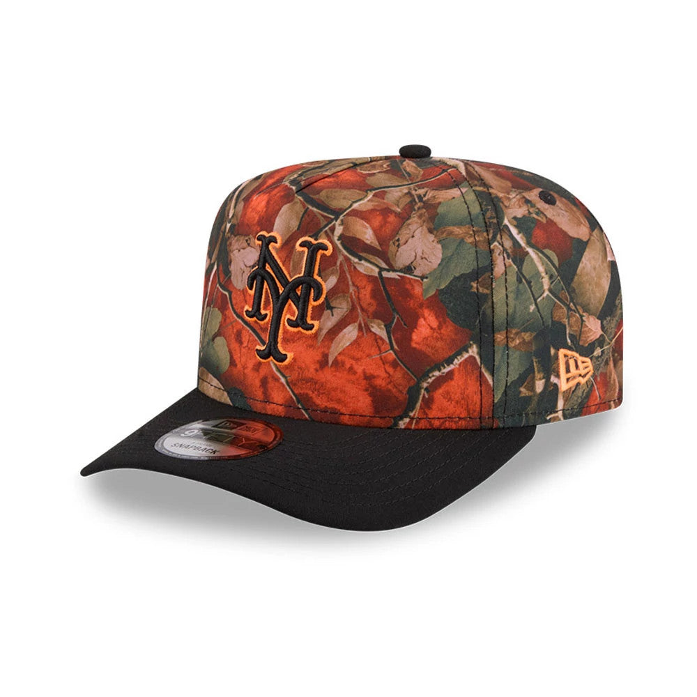 New York Mets MLB Leaves Bright Orange New Era 9FIFTY A-Frame Snapback Cap, three-quarter view showing the black embroidered NY logo on the autumn leaves pattern front panel, black flat visor, and New Era flag logo on the left side.