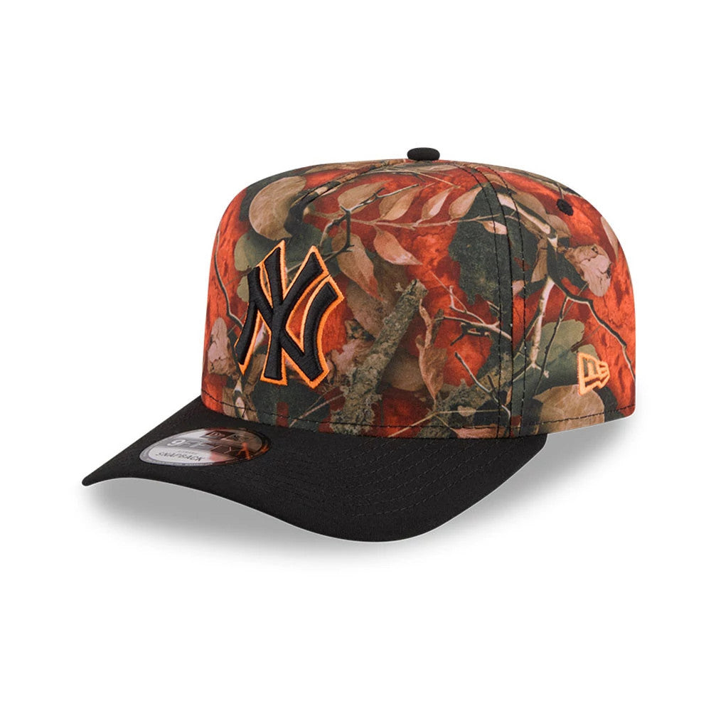 New York Yankees MLB Leaves Bright Orange New Era 9FIFTY A-Frame Snapback Cap, three-quarter view showing the raised black NY logo with orange outline on the leafy print crown, black visor with a 9FIFTY size sticker.