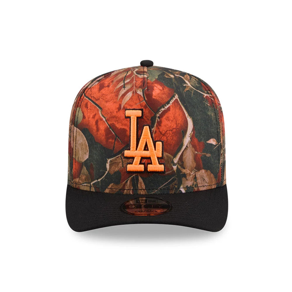LA Dodgers MLB Leaves Bright Orange New Era 9FIFTY A-Frame Snapback Adjustable Cap, front view showing a raised orange LA logo on a leaf pattern crown with a black flat visor and 9FIFTY size sticker.