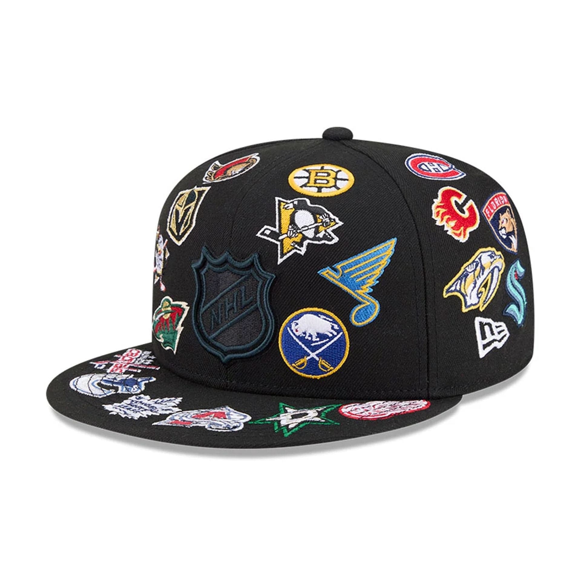 Pictured is this NHL All Over 59FIFTY Fitted cap in black. 1