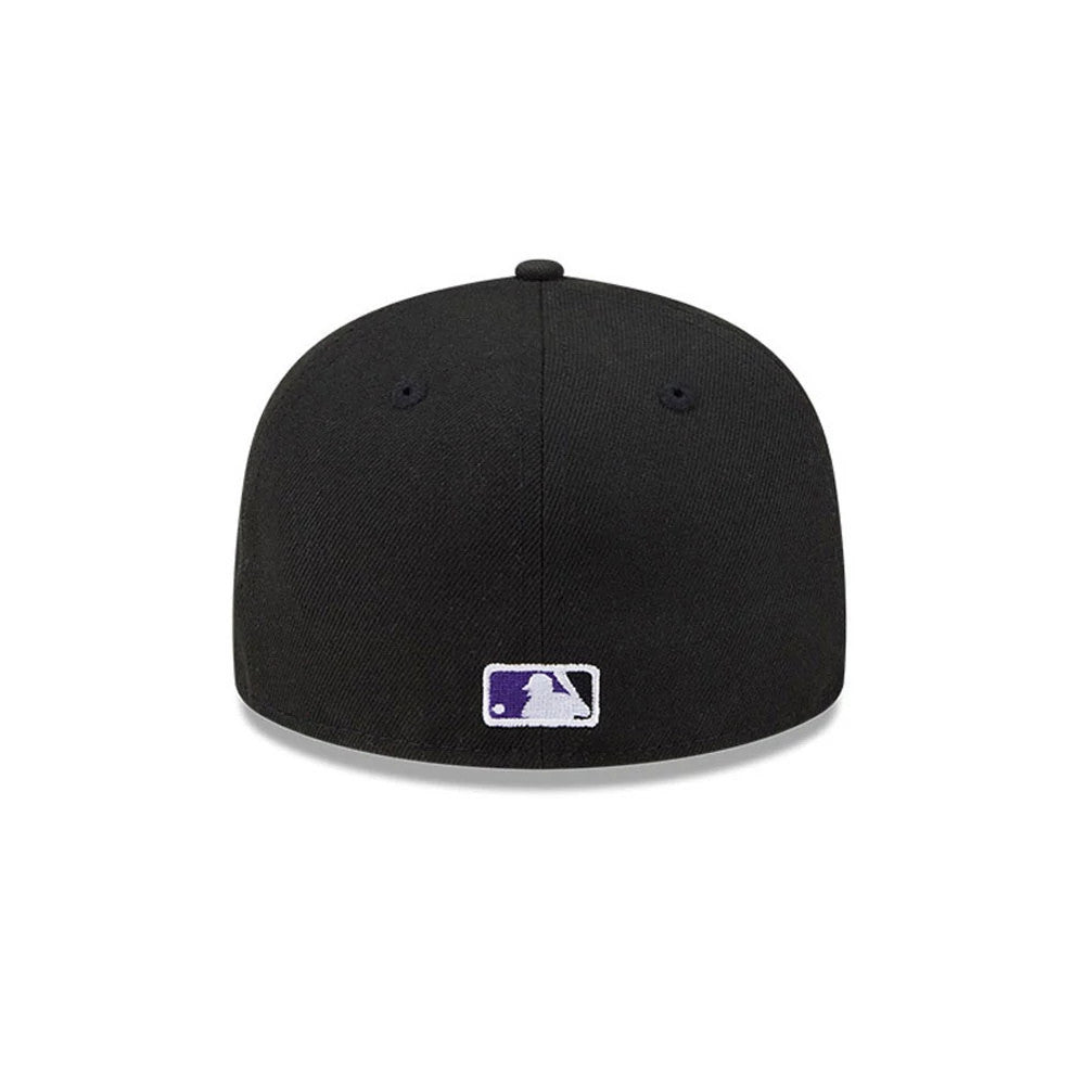 Colorado Rockies MLB Hidden Hit Black New Era 59FIFTY Fitted Cap, rear view showing the white and purple embroidered MLB Batterman logo centred at the base of the structured black crown.