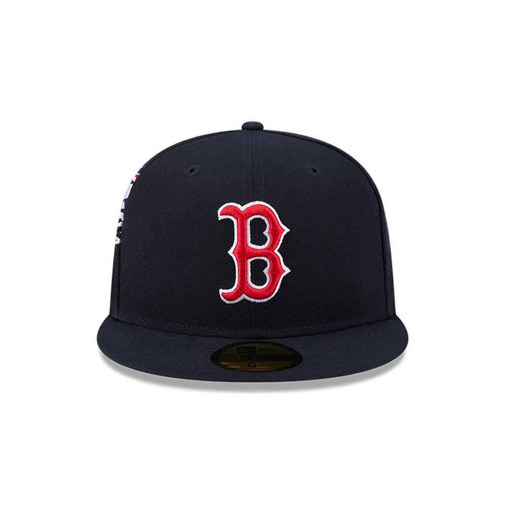 Boston Red Sox MLB Hidden Hit Navy New Era 59FIFTY Fitted Cap, front view with a large raised red B logo on the navy front panel, flat navy visor and a gold 59FIFTY size sticker located on the visor.