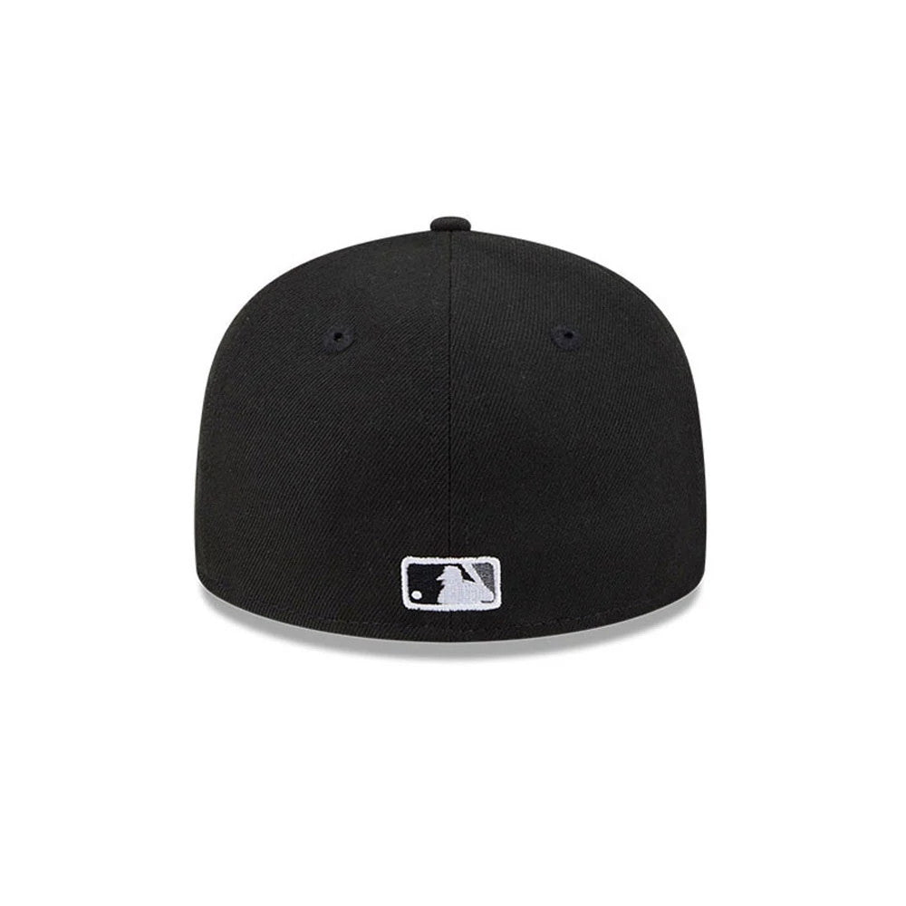 Chicago White Sox MLB Hidden Hit Black New Era 59FIFTY Fitted Cap, rear view showing the white embroidered MLB Batterman logo centred on the back panels, set low on the black structured crown with matching black eyelets and top button.