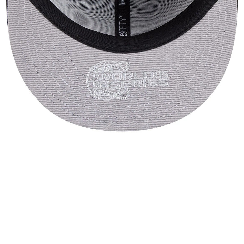 Chicago White Sox MLB Hidden Hit Black New Era 59FIFTY Fitted Cap, inside view showing the grey undervisor with white embroidered World Series graphic, black sweatband and New Era branding on the taping above.