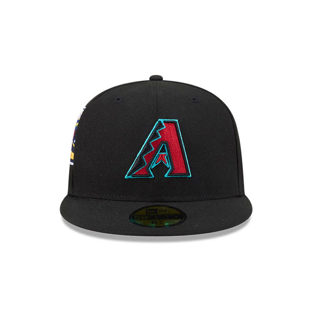 Arizona Diamondbacks MLB Hidden Hit Black New Era 59FIFTY Fitted Cap, front view with a raised embroidered red and teal team logo on the front panel and a gold 59FIFTY size sticker on the black flat visor.