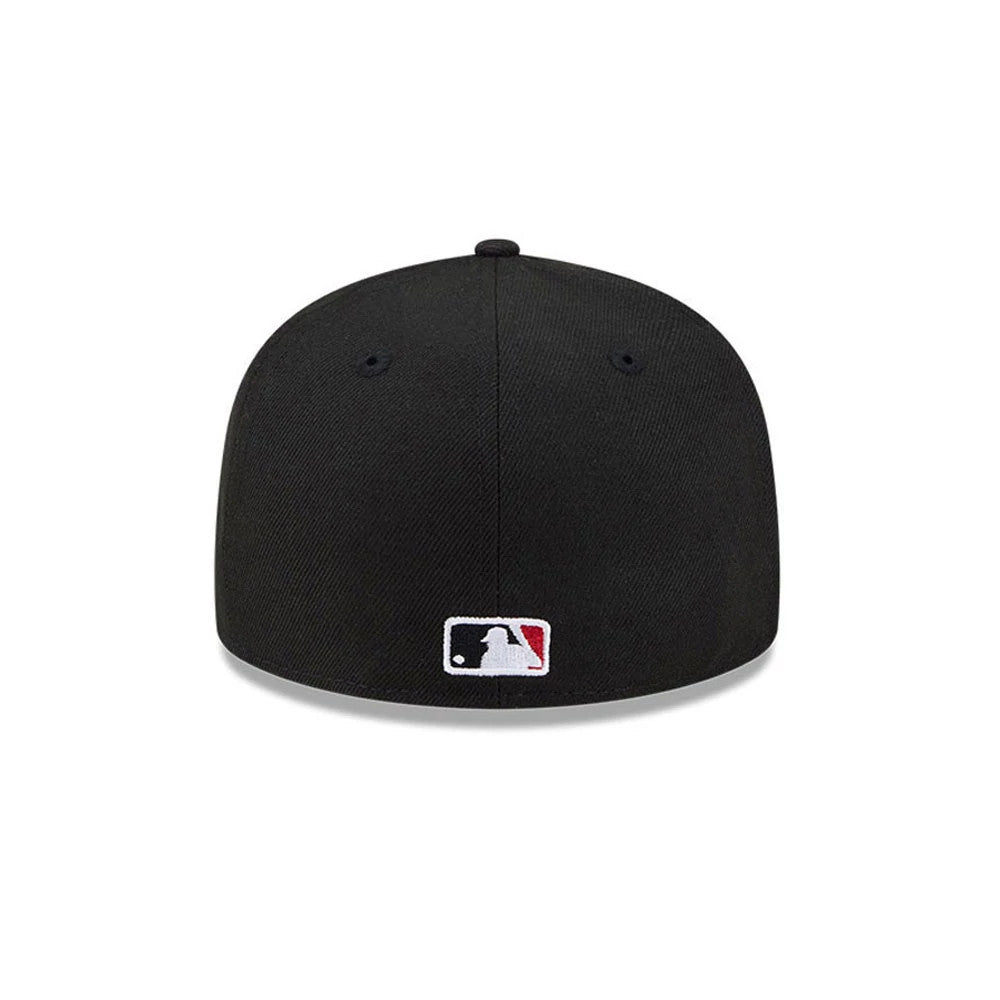 Arizona Diamondbacks MLB Hidden Hit Black New Era 59FIFTY Fitted Cap, rear view showing the embroidered MLB Batterman logo in white, blue, and red at the centre of the back panels on the structured black crown.